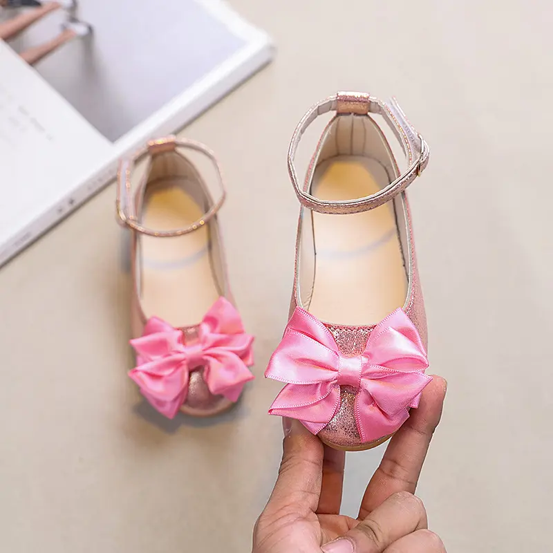 Girls Princess Leather Shoes New Spring Autumn Children's Flats with Bow Ankle-strap Kids Causal Party Wedding Shoes Non-slip
