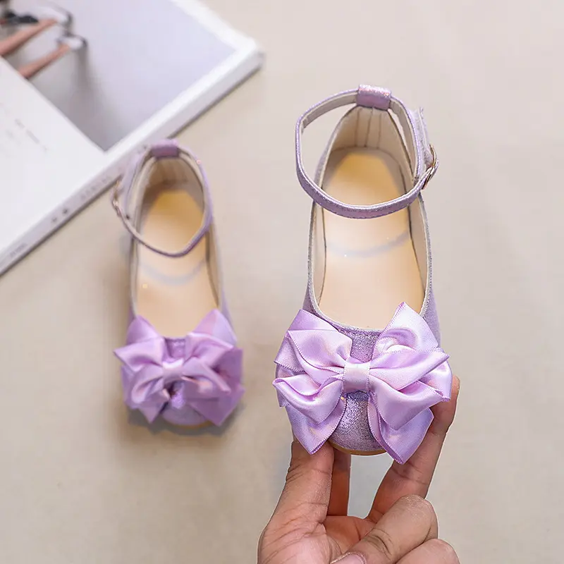 Girls Princess Leather Shoes New Spring Autumn Children's Flats with Bow Ankle-strap Kids Causal Party Wedding Shoes Non-slip