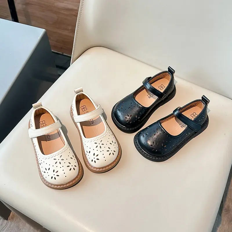 2025 Spring Autumn Children's Leather Shoes Hollow-out Simple Girls Princess Shoes New Fashion Kids Causal Shoes Flats Versatile