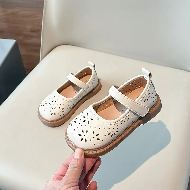 2025 Spring Autumn Children's Leather Shoes Hollow-out Simple Girls Princess Shoes New Fashion Kids Causal Shoes Flats Versatile