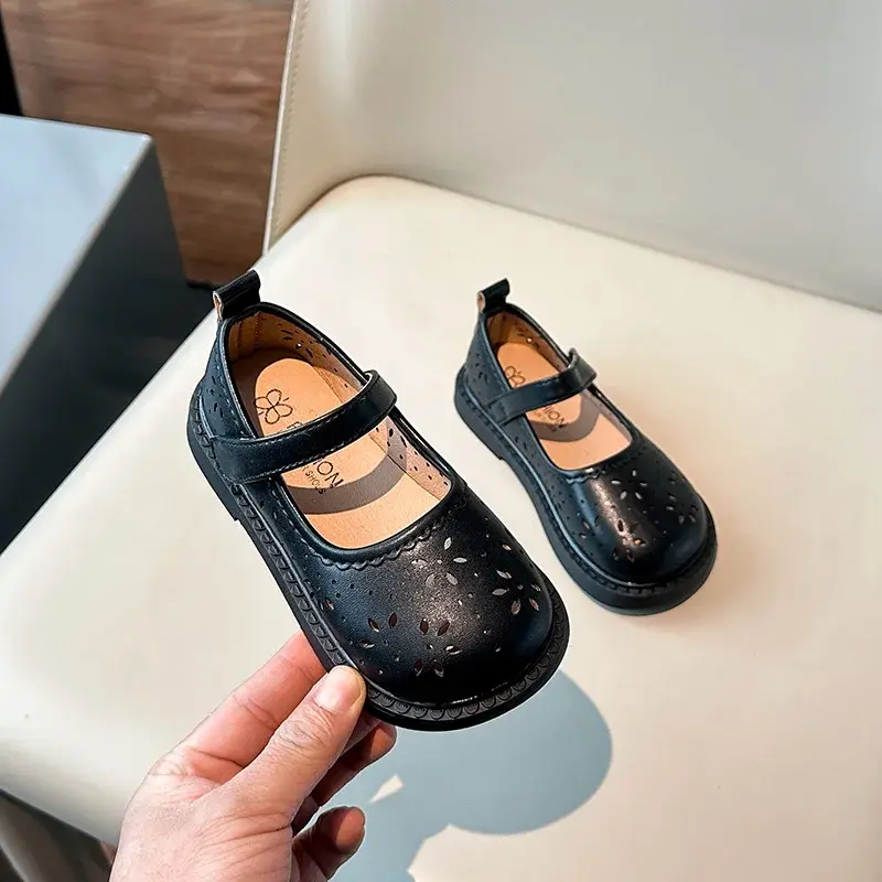 2025 Spring Autumn Children's Leather Shoes Hollow-out Simple Girls Princess Shoes New Fashion Kids Causal Shoes Flats Versatile