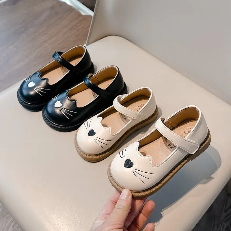 2025 New Little Girl Leather Shoes Cute Cat Embroidered Children's Flats Fashion Soft Spring Autumn Kids Causal Princess Shoes