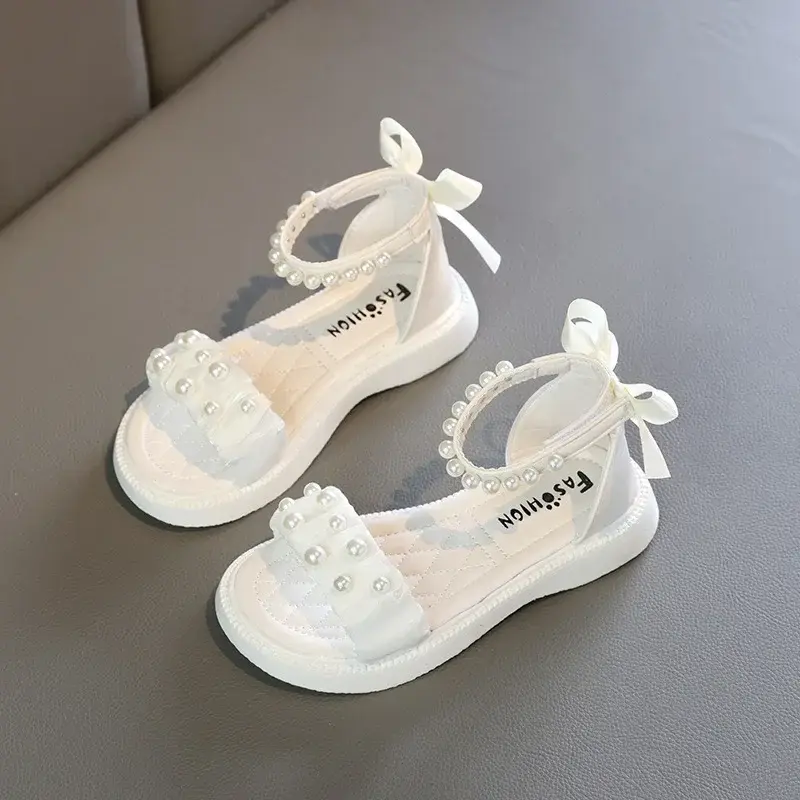 Children's Sandals Summer Bowtie Princess Shoes for Girls Fashion Sweet Kids Causal Pearl Roman Sandals Solid Color Hook Loop