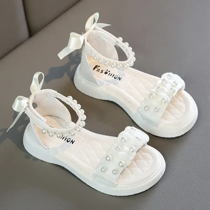 Children's Sandals Summer Bowtie Princess Shoes for Girls Fashion Sweet Kids Causal Pearl Roman Sandals Solid Color Hook Loop