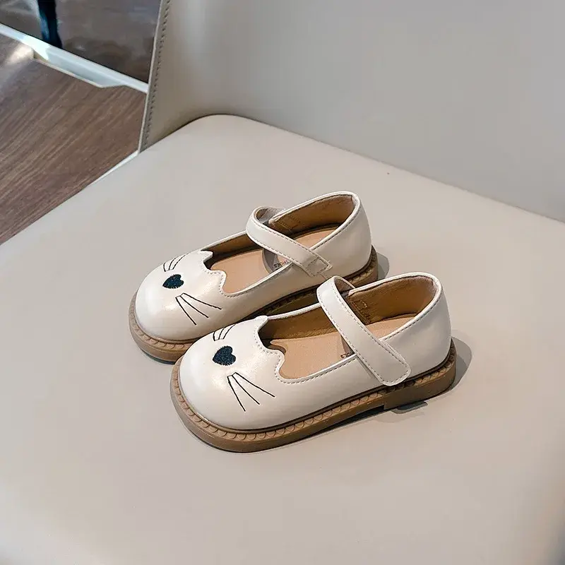 2025 New Little Girl Leather Shoes Cute Cat Embroidered Children's Flats Fashion Soft Spring Autumn Kids Causal Princess Shoes