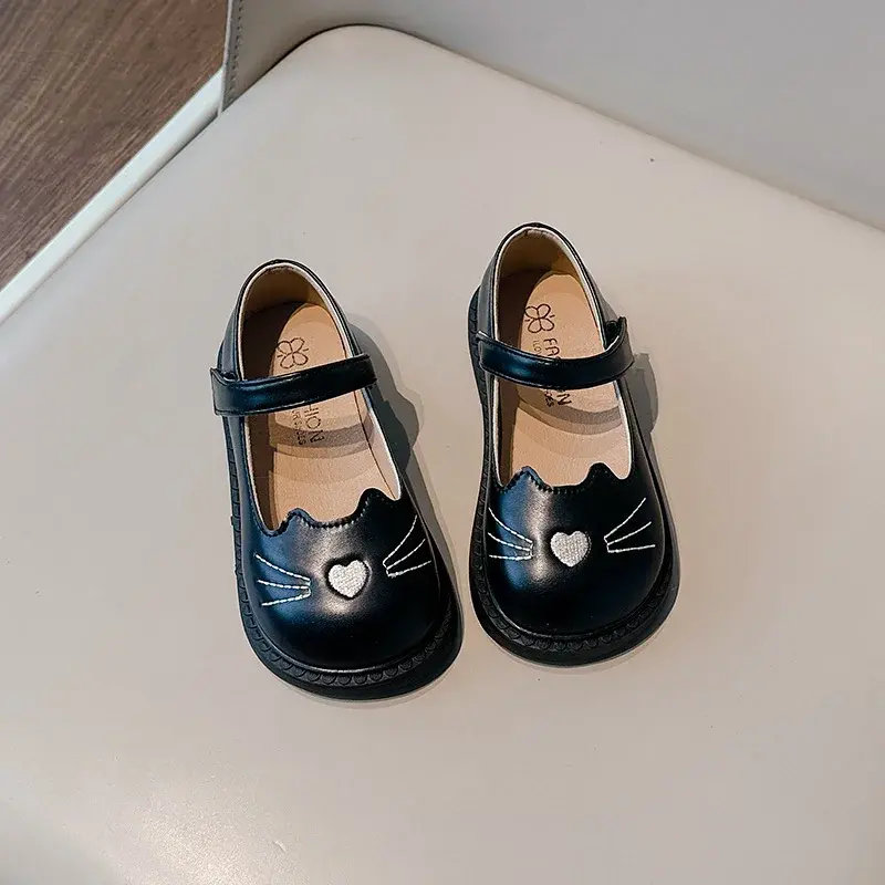 2025 New Little Girl Leather Shoes Cute Cat Embroidered Children's Flats Fashion Soft Spring Autumn Kids Causal Princess Shoes