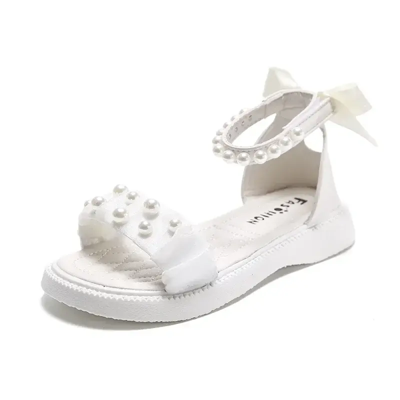 Children's Sandals Summer Bowtie Princess Shoes for Girls Fashion Sweet Kids Causal Pearl Roman Sandals Solid Color Hook Loop