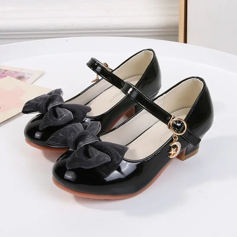 Elegant Girl Princess Shoes Sweet Bowknot Versatile Children High Heels Fashion Catwalk Dress Causal Kids Leather Shoes Glossy