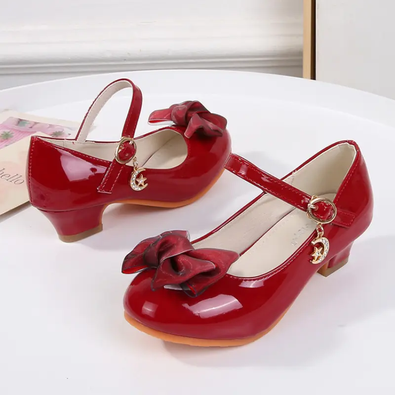 Elegant Girl Princess Shoes Sweet Bowknot Versatile Children High Heels Fashion Catwalk Dress Causal Kids Leather Shoes Glossy