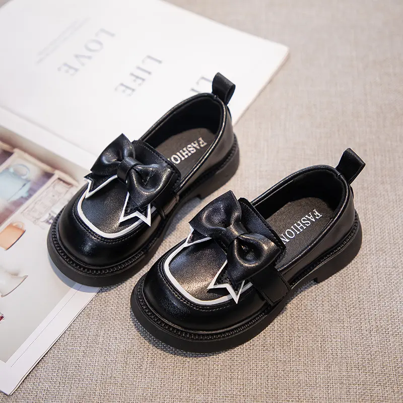 Fashion Girls Princess Leather Shoes Bowknot Versatile Children Causal Shoes PU Non-slip Sweet Kids Loafers for Wedding Party