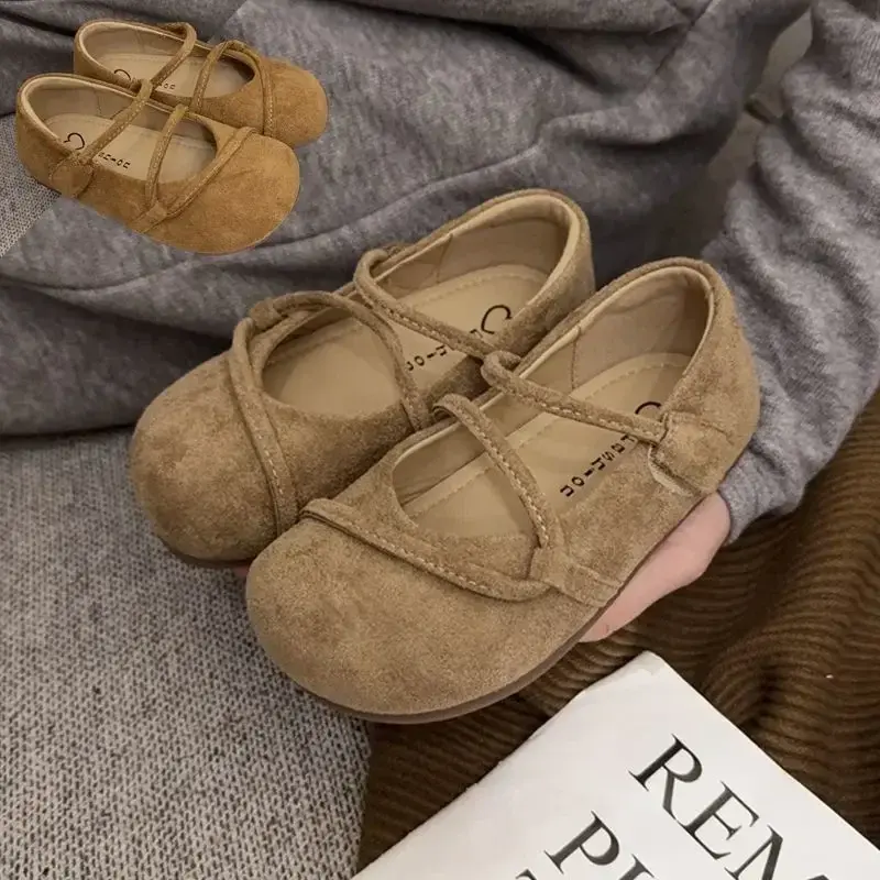 Girls Leather Shoes Soild Color Retro Kids Moccasins Round Toes Non-slip 2025 New Children Flats Korean Style Soft Sole Chic