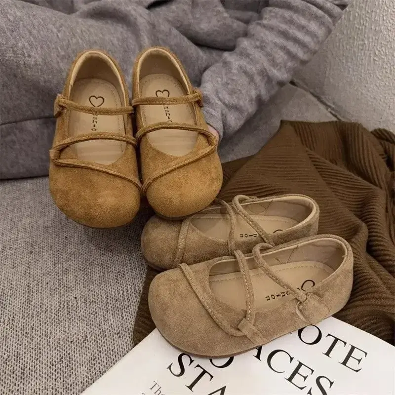Girls Leather Shoes Soild Color Retro Kids Moccasins Round Toes Non-slip 2025 New Children Flats Korean Style Soft Sole Chic