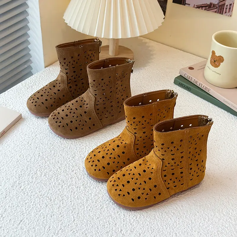 Kids Leather Boots Retro Soild Color Boys Girls Short Boots Hollowed-out 2025 Brand New Children Summer Autumn Boots Back Zipper