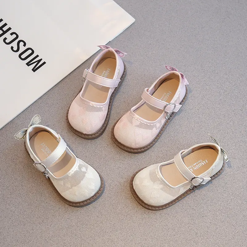New Little Girl Leather Shoes Mesh Heart Children's Flats Embroidered Butterfly Kids Fashion Wedding Party Causal Princess Shoes