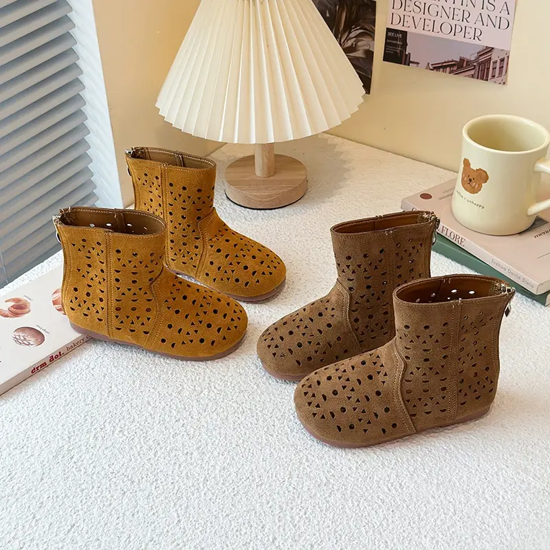 Kids Leather Boots Retro Soild Color Boys Girls Short Boots Hollowed-out 2025 Brand New Children Summer Autumn Boots Back Zipper