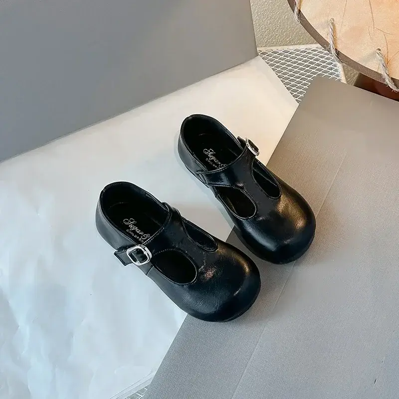 Girls Princess Shoes Black Round Toes 2025 New Fashion Kids Performance Shoes Pu Leather Non-slip Children Flat Shoes Hook&loop