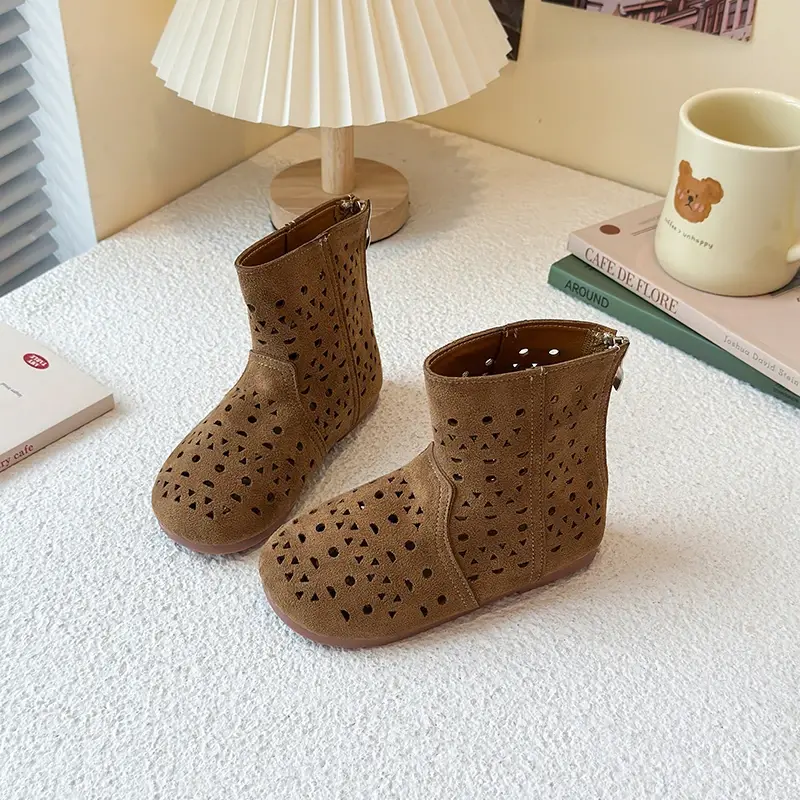 Kids Leather Boots Retro Soild Color Boys Girls Short Boots Hollowed-out 2025 Brand New Children Summer Autumn Boots Back Zipper