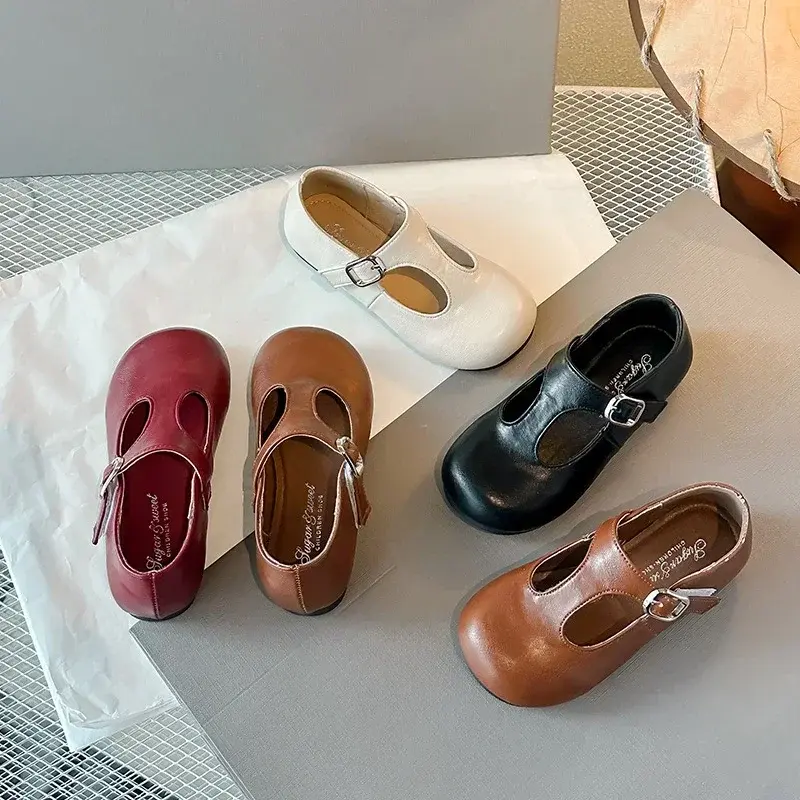 Girls Princess Shoes Black Round Toes 2025 New Fashion Kids Performance Shoes Pu Leather Non-slip Children Flat Shoes Hook&loop