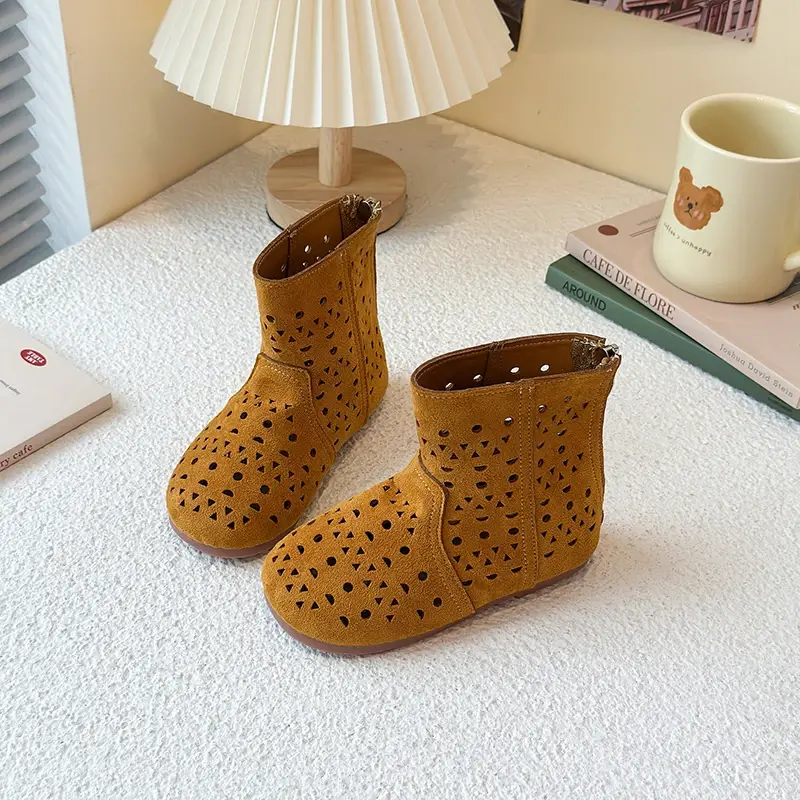 Kids Leather Boots Retro Soild Color Boys Girls Short Boots Hollowed-out 2025 Brand New Children Summer Autumn Boots Back Zipper