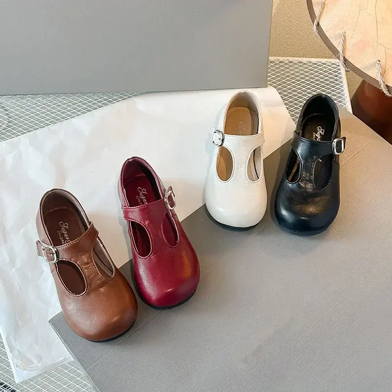 Girls Princess Shoes Black Round Toes 2025 New Fashion Kids Performance Shoes Pu Leather Non-slip Children Flat Shoes Hook&loop