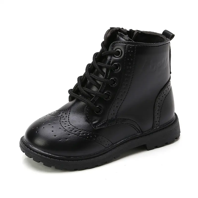 Boys Boots Girls Tide Boots Black Leather Classic Kids Ankle Boots Size 21-37 Cross-tied Zip Children's Tide Boots Soft Autumn
