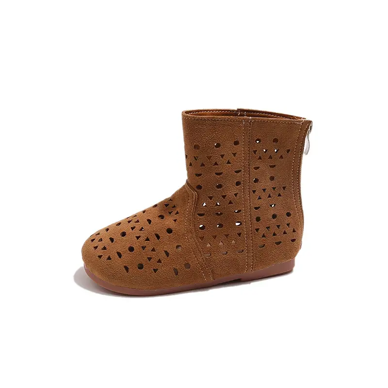 Kids Leather Boots Retro Soild Color Boys Girls Short Boots Hollowed-out 2025 Brand New Children Summer Autumn Boots Back Zipper