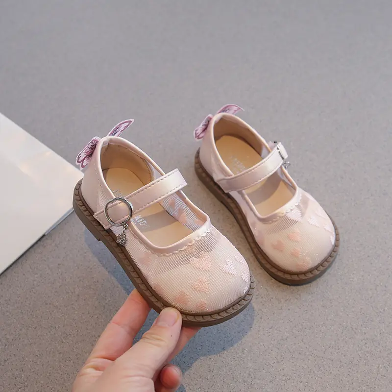 New Little Girl Leather Shoes Mesh Heart Children's Flats Embroidered Butterfly Kids Fashion Wedding Party Causal Princess Shoes