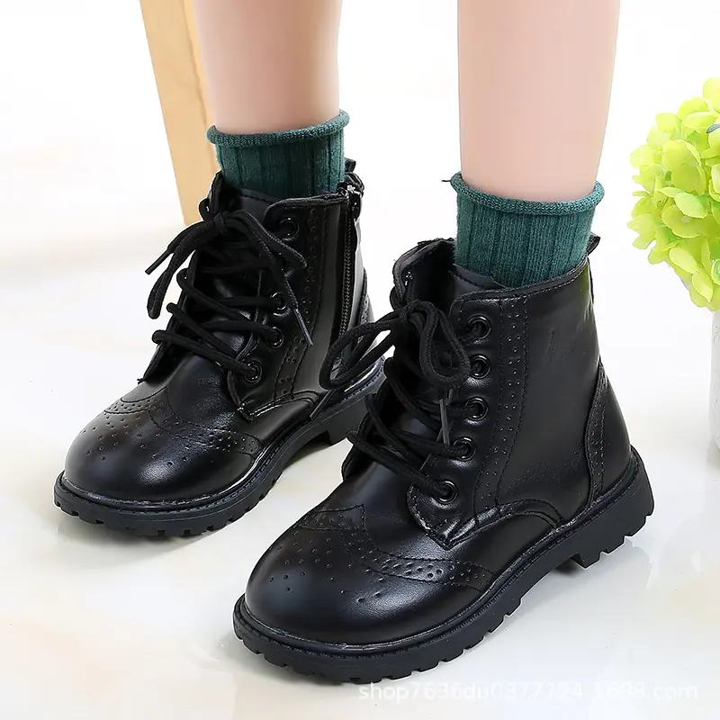 Boys Boots Girls Tide Boots Black Leather Classic Kids Ankle Boots Size 21-37 Cross-tied Zip Children's Tide Boots Soft Autumn