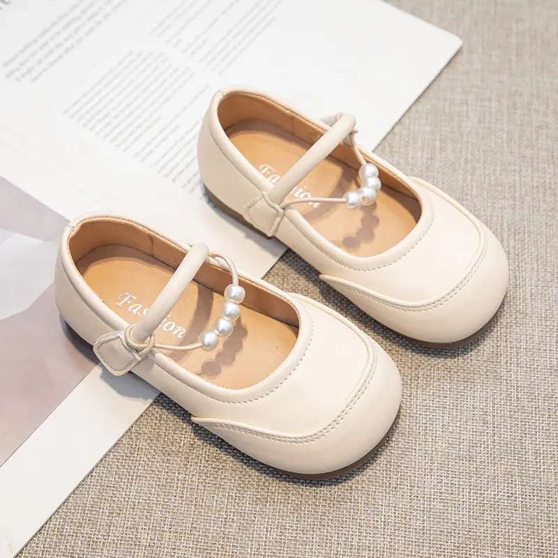 Girls Leather Shoes Soild Color Anti-kicked Kids Flats Princess Shoes Non-slip Soft Sole Children Performance Shoe Sweet Beading
