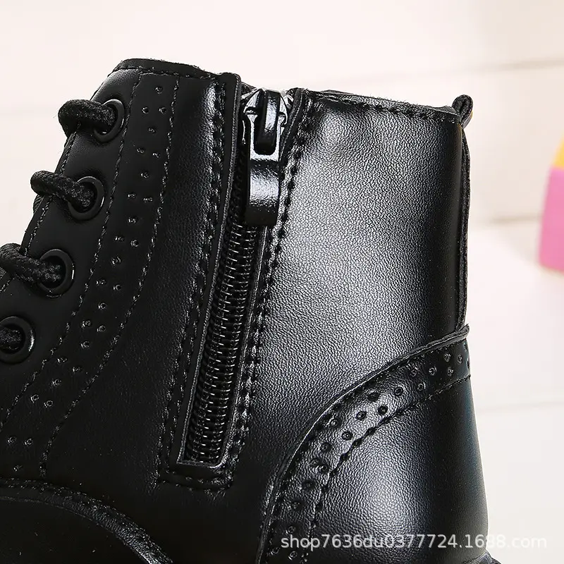 Boys Boots Girls Tide Boots Black Leather Classic Kids Ankle Boots Size 21-37 Cross-tied Zip Children's Tide Boots Soft Autumn