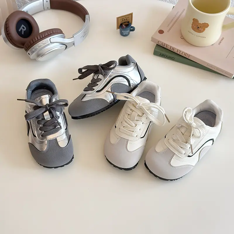 Kids Sneakers for Girls Fashion New Unisex Children Sports Shoes Patchwork Trend Boys Causal School Running Sneakers Beige Gray