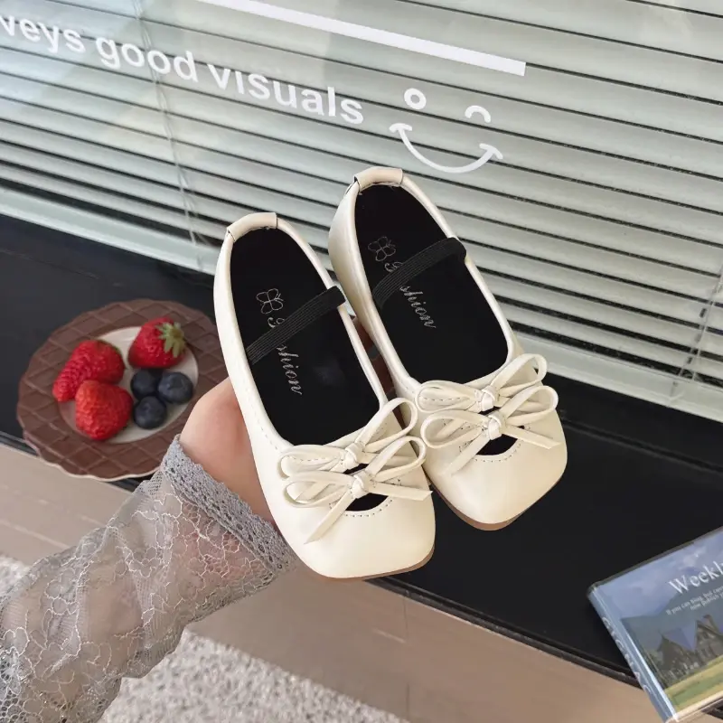 2025 Children Leather Shoes for Girls Spring Autumn New Fashion Korean Style Soft Anti-slippery Versatile Princess Bowtie Shoes