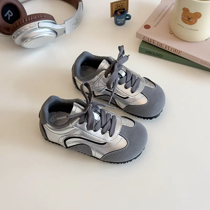 Kids Sneakers for Girls Fashion New Unisex Children Sports Shoes Patchwork Trend Boys Causal School Running Sneakers Beige Gray