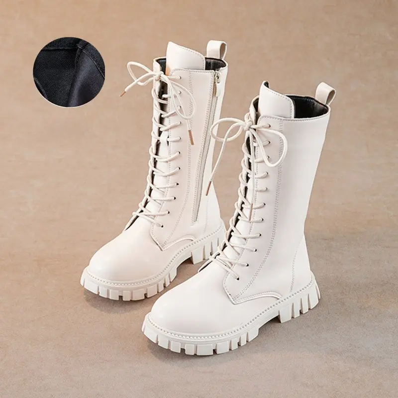 Girls Princess High Boots Black Beige Versatile Kids Causal Boots Spring Autumn Non-slip Children's Long Boots Solid Color PU