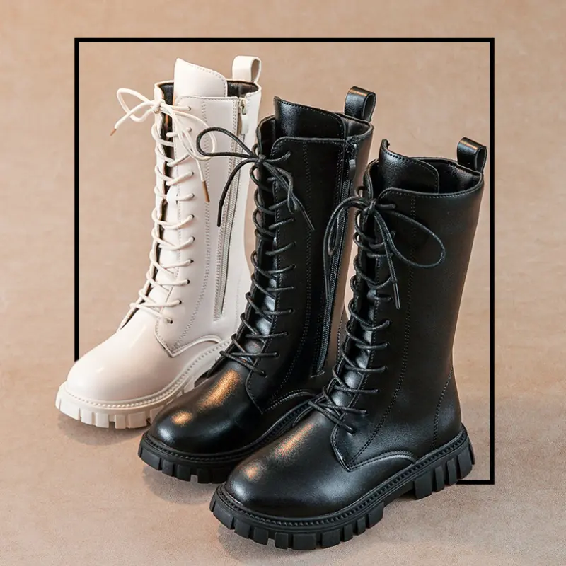 Girls Princess High Boots Black Beige Versatile Kids Causal Boots Spring Autumn Non-slip Children's Long Boots Solid Color PU
