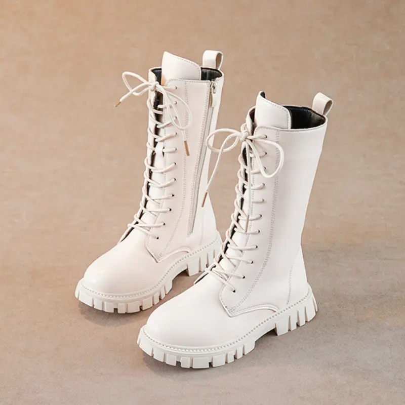 Girls Princess High Boots Black Beige Versatile Kids Causal Boots Spring Autumn Non-slip Children's Long Boots Solid Color PU