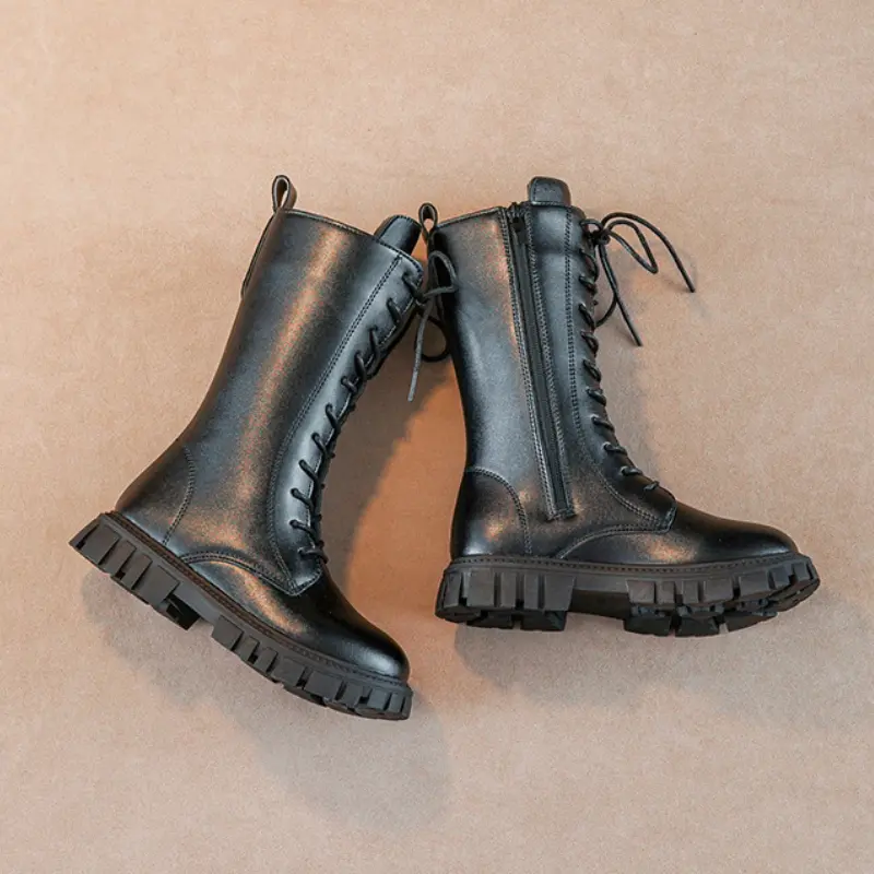 Girls Princess High Boots Black Beige Versatile Kids Causal Boots Spring Autumn Non-slip Children's Long Boots Solid Color PU