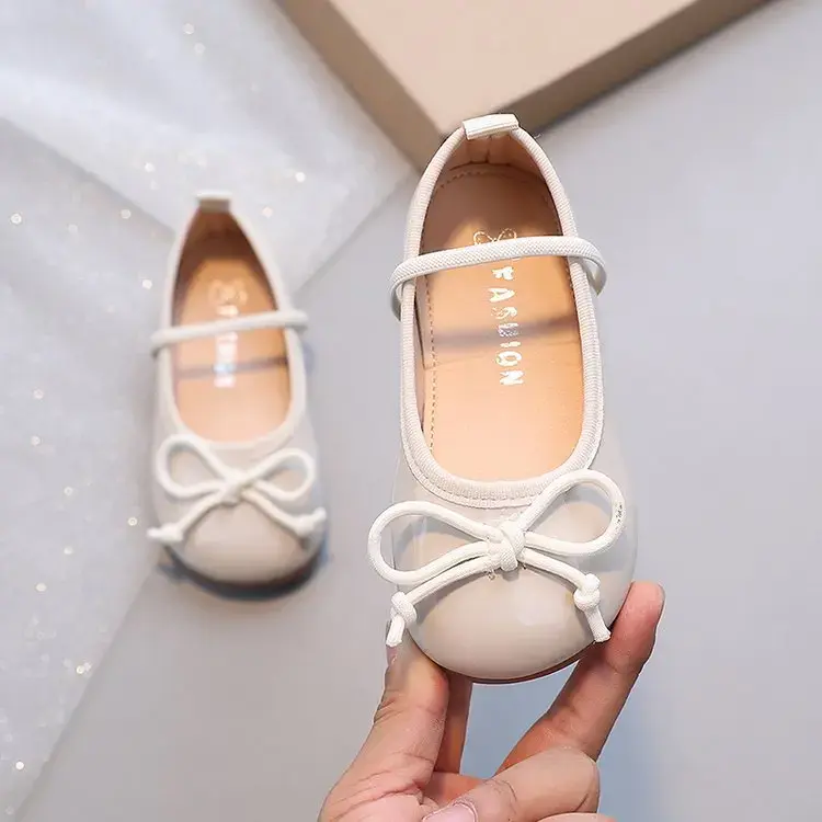 Girls' Leather Shoes 2024 Spring/Autumn Kids Flats with Simple Lacing Bow Round Toe Soft Sole Colored Princess Shoes for Show
