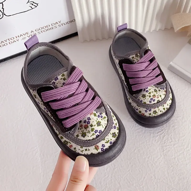 Children Fashion Versatile Soft Canvas Shoes Floral Print Casual Kids Shoes Drop Shipping Lace-up 2024 Spring New for Boys Flats