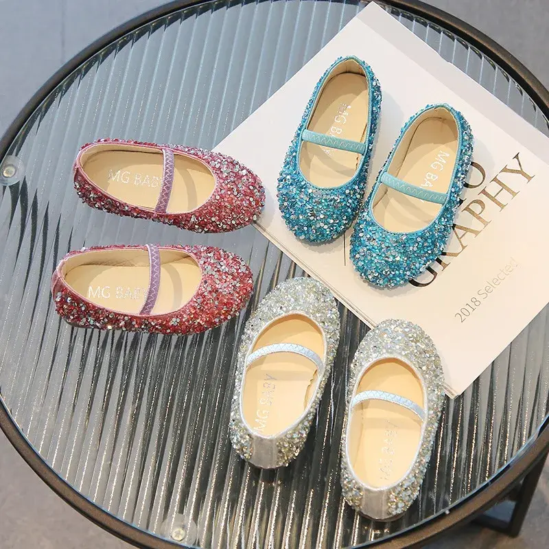 Girls Leather Shoes for Wedding Party Bling Glitter Rhinestone Kids Flats Children's Princess Shoes Classic Fashion Dress Shoes