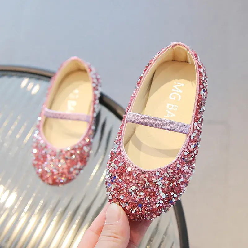 Girls Leather Shoes for Wedding Party Bling Glitter Rhinestone Kids Flats Children's Princess Shoes Classic Fashion Dress Shoes