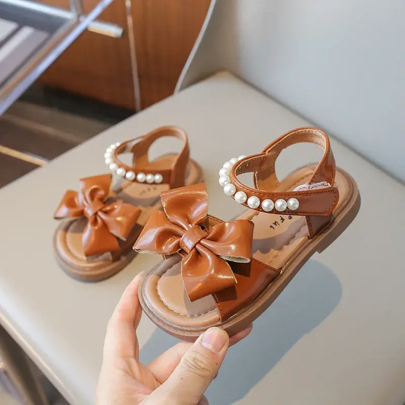 Summer Kids Sandals for Girls Elegant Pearl Bowknot Fashion New Versatile Sweet Children Causal Party Wedding Flats Beach Shoes