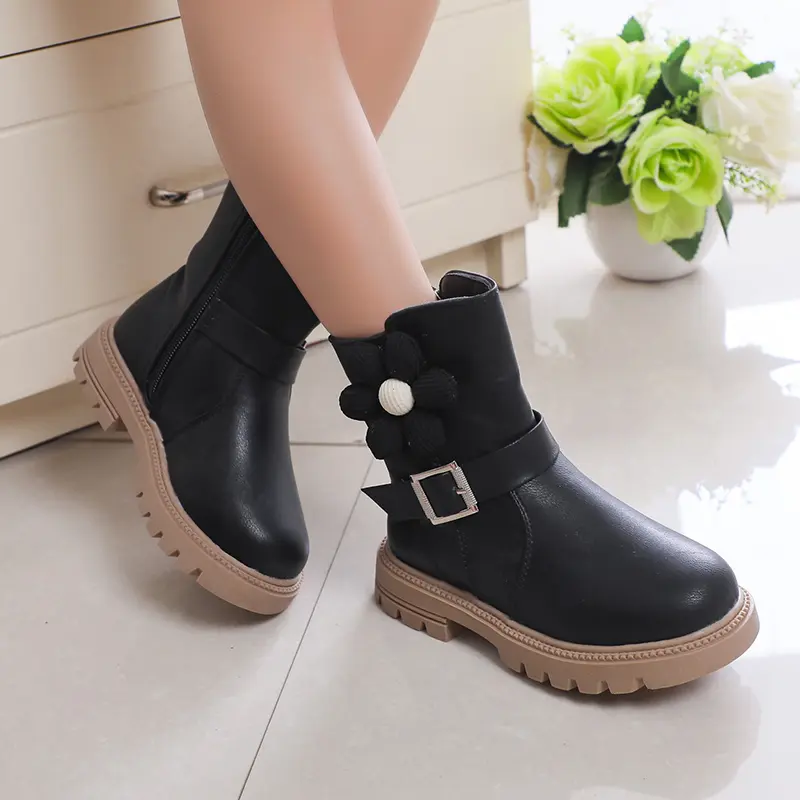 Sweet Princess Boots Flowers Cute Buckle Fashion Kids Shoes Side Zipper Children Casual Shoes PU 2023 New Brown Beige Elegant
