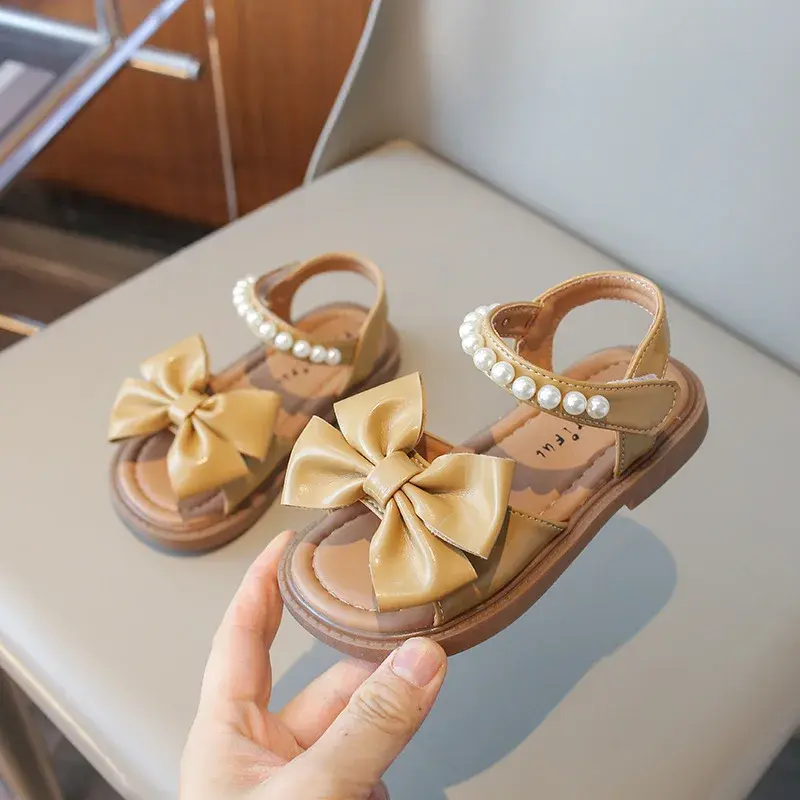 Summer Kids Sandals for Girls Elegant Pearl Bowknot Fashion New Versatile Sweet Children Causal Party Wedding Flats Beach Shoes