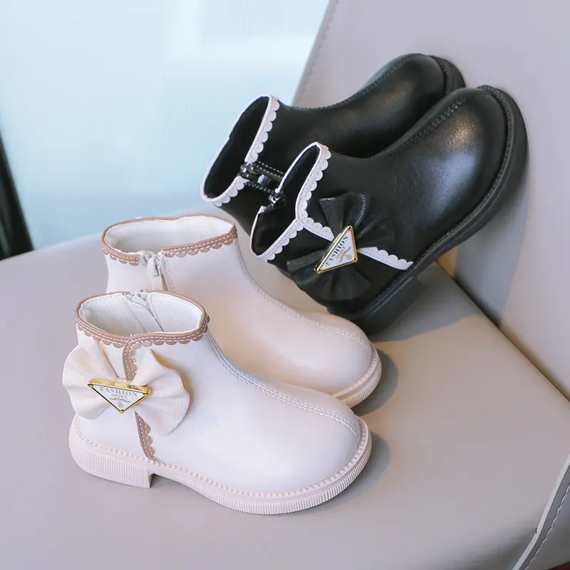 Girls Fashion Princess Boots with Bow-knot Lace Solid Color Sewing Cute Children Short Leather Boots 2024 Spring Autumn New