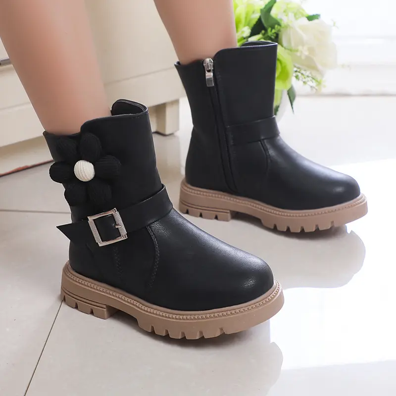 Sweet Princess Boots Flowers Cute Buckle Fashion Kids Shoes Side Zipper Children Casual Shoes PU 2023 New Brown Beige Elegant