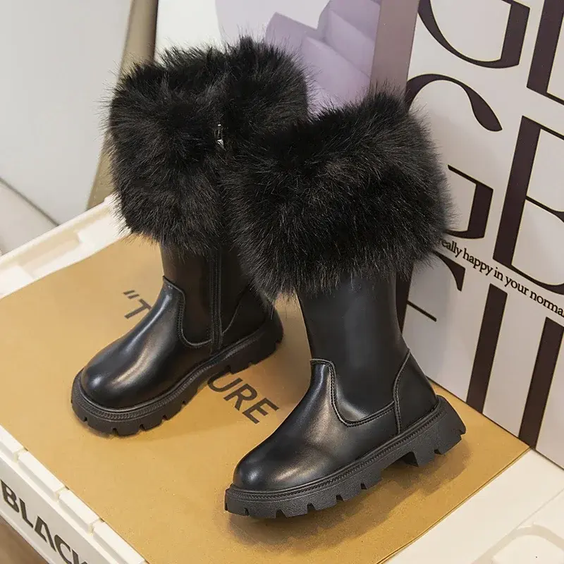 New Children High Boots Plush Cotton Sweet Princess Casual Boots White and Black Chic Girls Catwalk Boots for Party Wedding Show