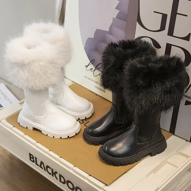 Girls High Boots Plush Cotton Beige Black 2025 New Autumn and Winter Side Zipper Fashion Children Leather Boots Plush Warm Chic