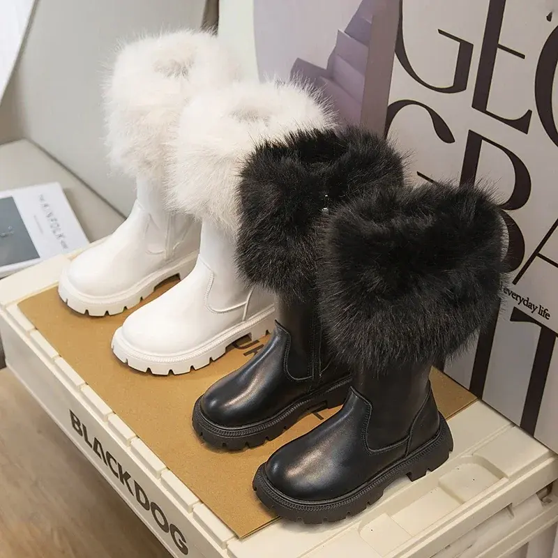 Girls High Boots Plush Cotton Beige Black 2025 New Autumn and Winter Side Zipper Fashion Children Leather Boots Plush Warm Chic