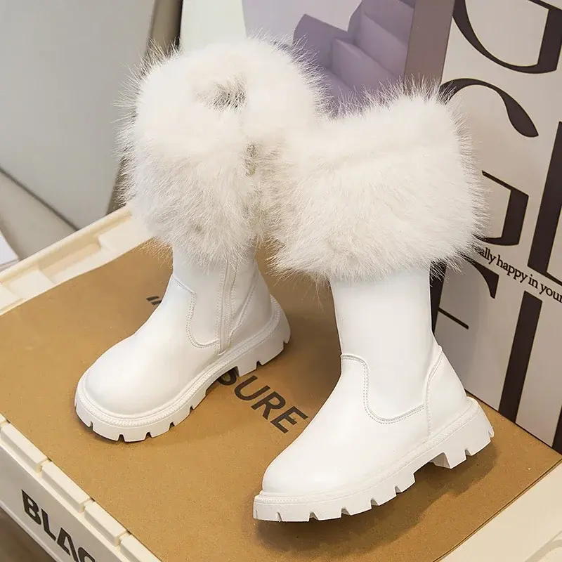 Girls High Boots Plush Cotton Beige Black 2025 New Autumn and Winter Side Zipper Fashion Children Leather Boots Plush Warm Chic